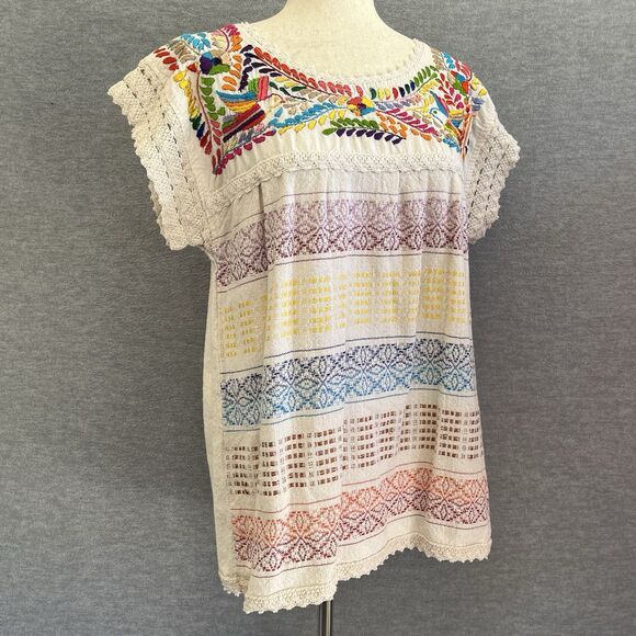 Guenda Mexican Hand Embroidered Huipil Top Size L Folk Art Colorful Crochet Boho - Picture 2 of 12